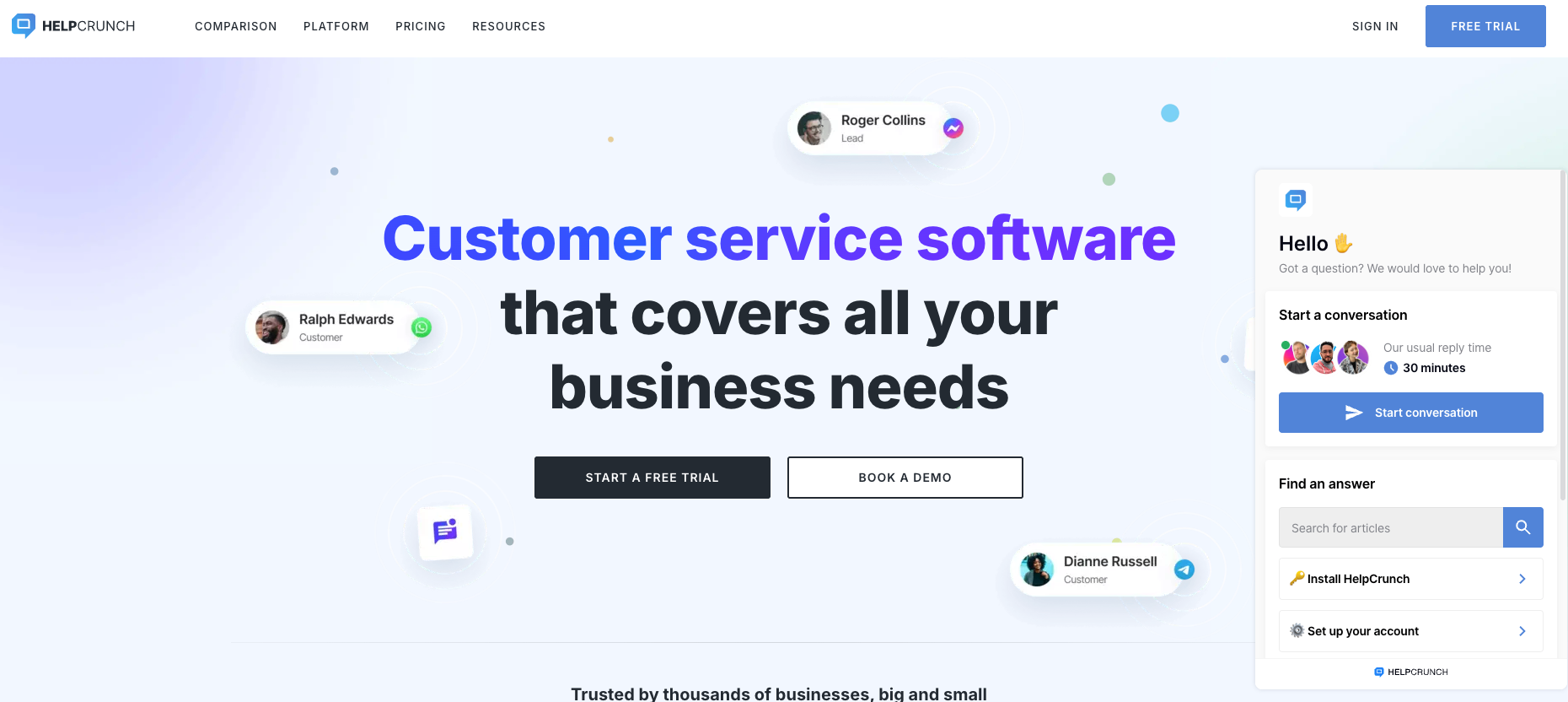 HelpCrunch's combined live chat, help desk, and knowledge base dashboard