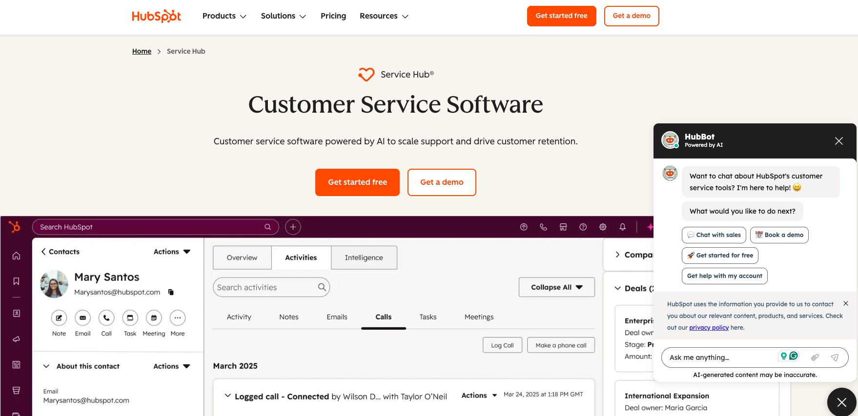 HubSpot Service Hub with live chat tied to the CRM contact record