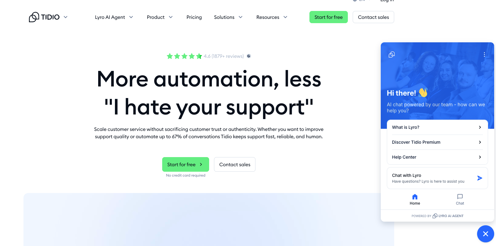 Tidio's live chat widget alongside its Lyro AI agent
