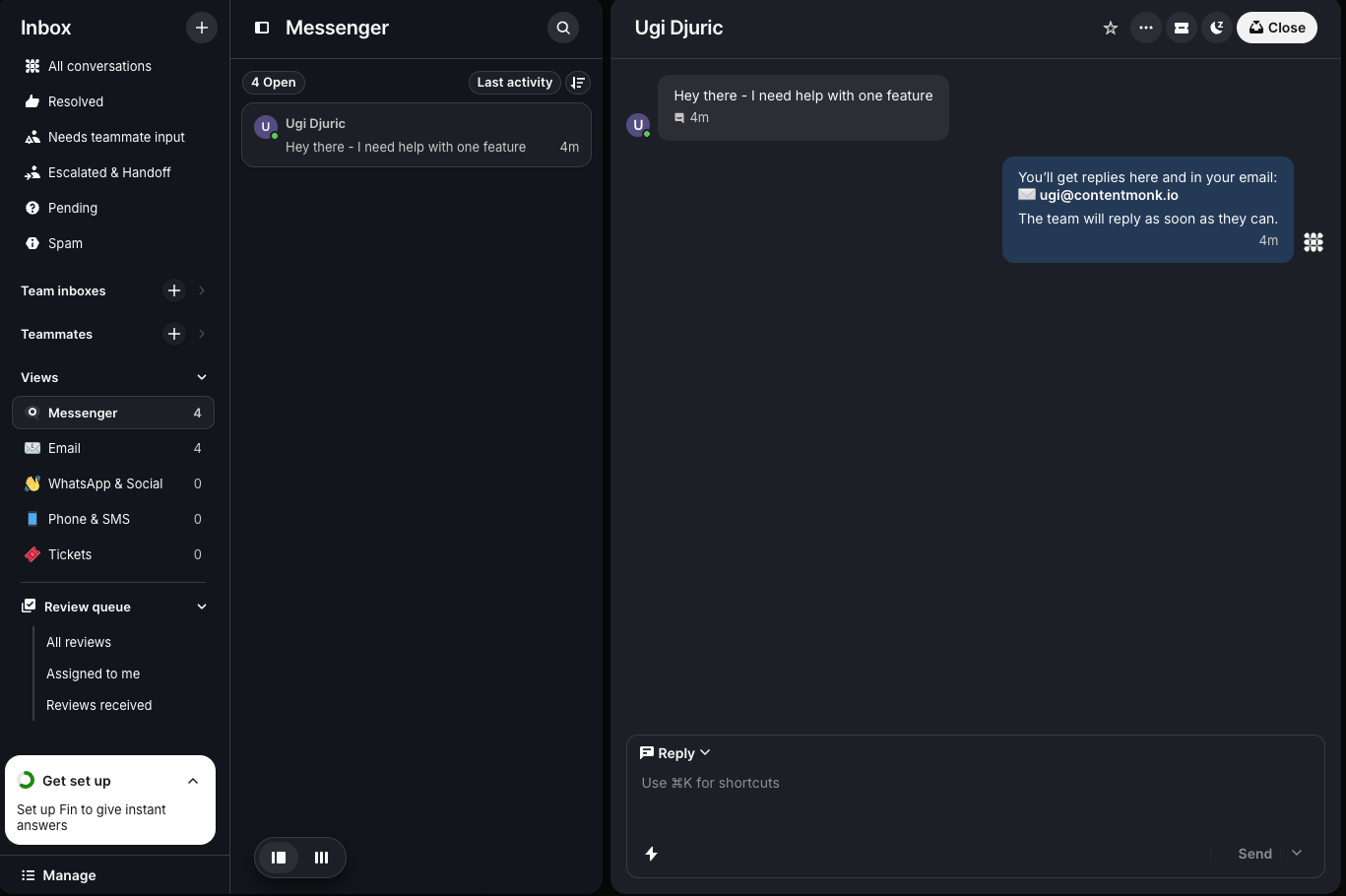 The Intercom Messenger as a customer sees it, with the conversation view open