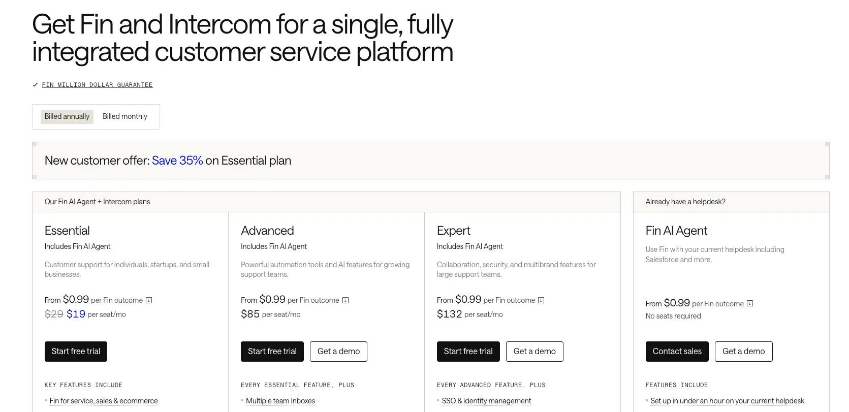 Intercom's pricing table with the Essential, Advanced, and Expert seat plans