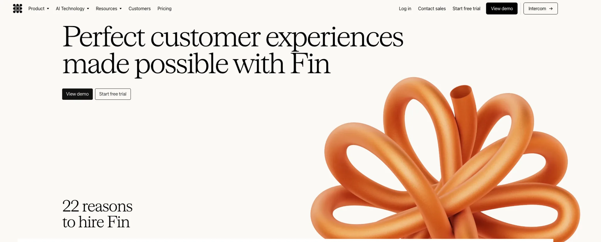 Screenshot of Fin's homepage: 'Perfect customer experiences made possible with Fin'