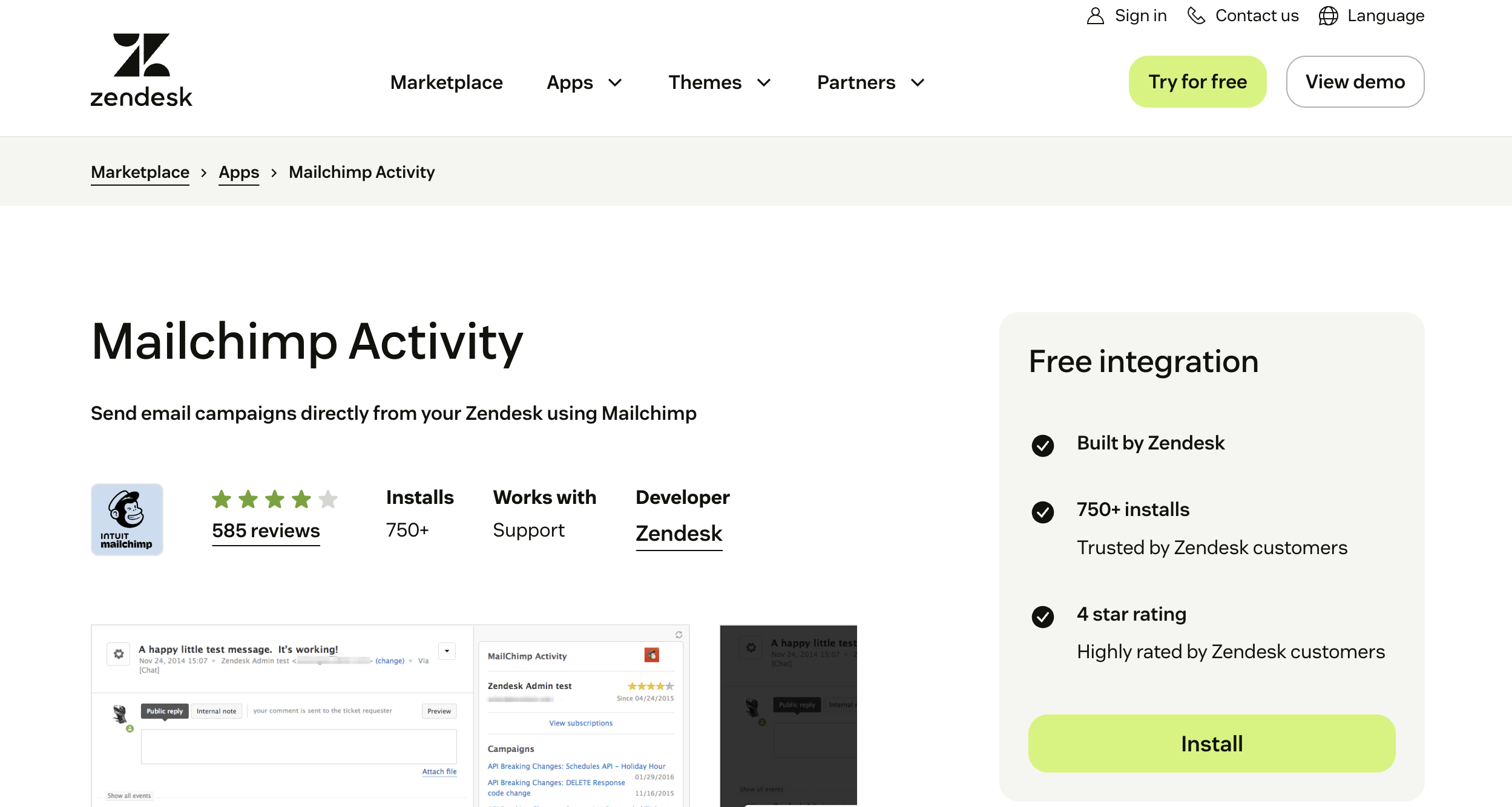 Mailchimp Activity for Zendesk marketplace listing — send email campaigns directly from Zendesk using Mailchimp