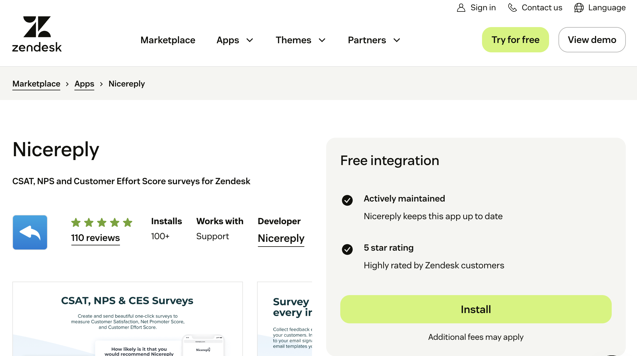 Nicereply marketplace listing — CSAT, NPS and Customer Effort Score surveys for Zendesk