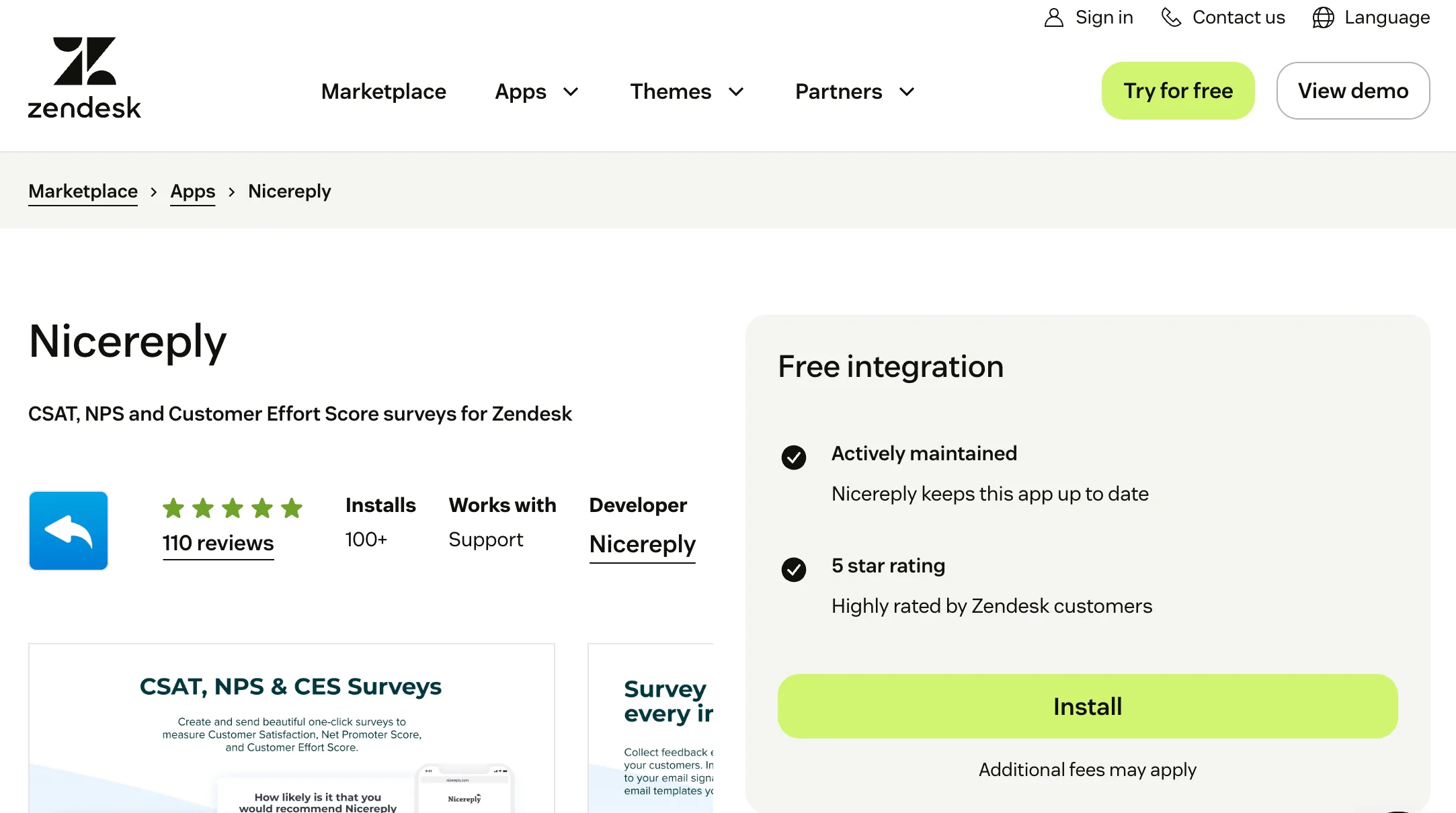Nicereply marketplace listing — CSAT, NPS and Customer Effort Score surveys for Zendesk