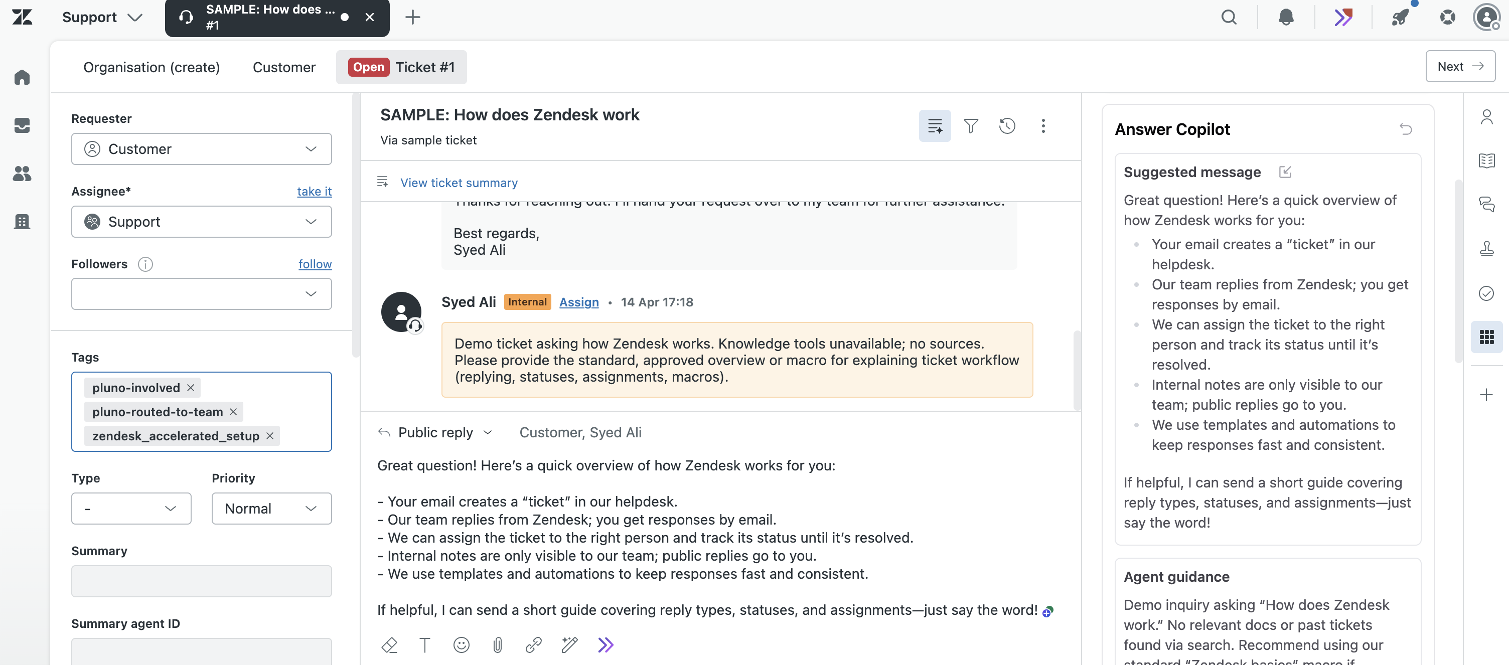 Zendesk AI Copilot - Pluno AI Copilot suggested answers