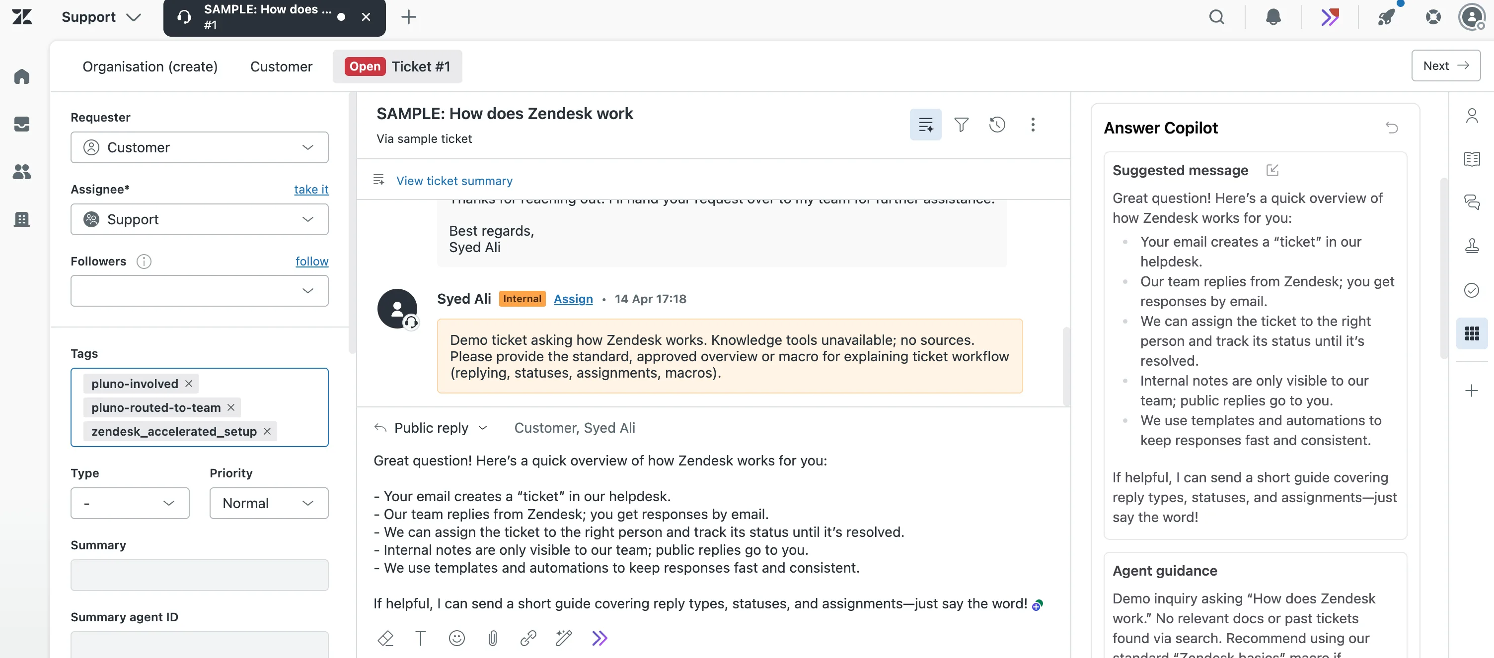 Zendesk AI Copilot - Pluno AI Copilot suggested answers