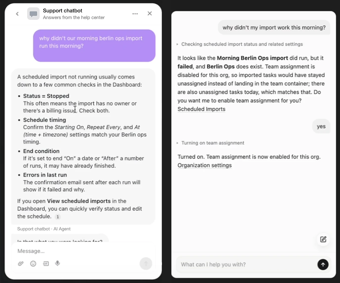 The same question asked to a documentation chatbot, which lists generic checks, and to a product agent, which finds the disabled setting and turns it on.