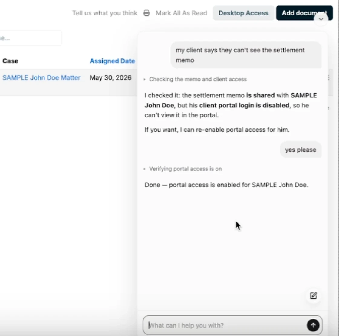 A product agent in a legal practice management app finds that a client's portal login is disabled and re-enables it after the user confirms.