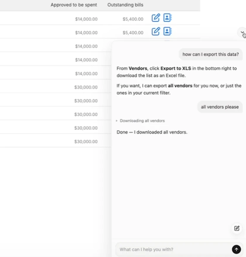 A product agent in a contractor management app explains how to export the vendor list, then downloads all vendors when the user asks.