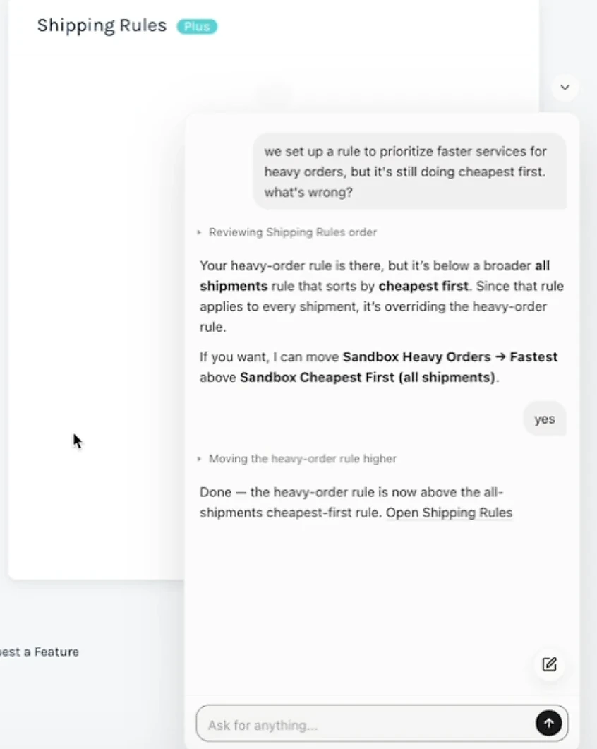 A product agent in a shipping platform finds that a cheapest-first rule overrides a heavy-order rule and reorders the rules after the user confirms.