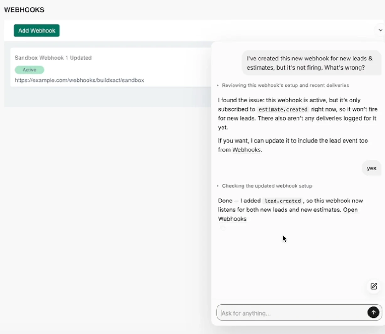 A product agent in a construction estimating app finds that a webhook is only subscribed to estimate.created and adds lead.created after the user confirms.