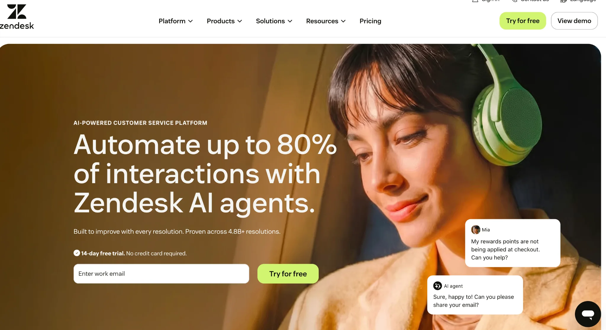 Screenshot of Zendesk's homepage
