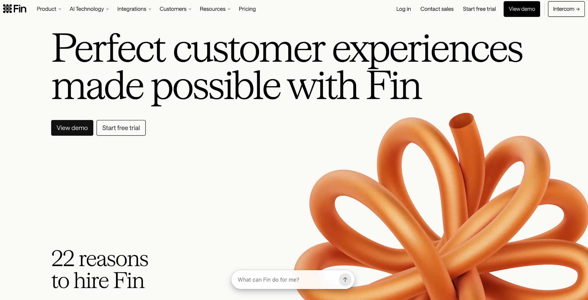 Screenshot of Fin's homepage, formerly Intercom