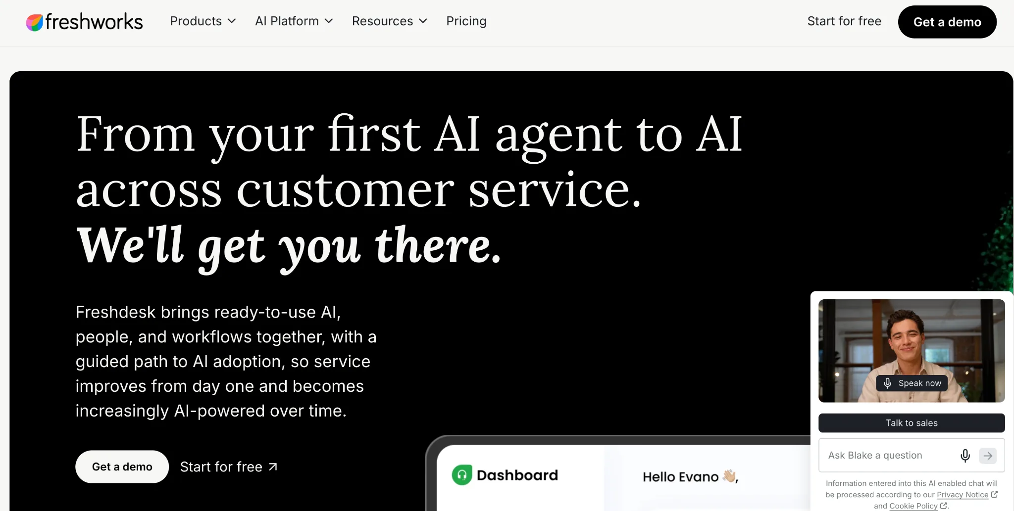 Screenshot of Freshdesk's homepage