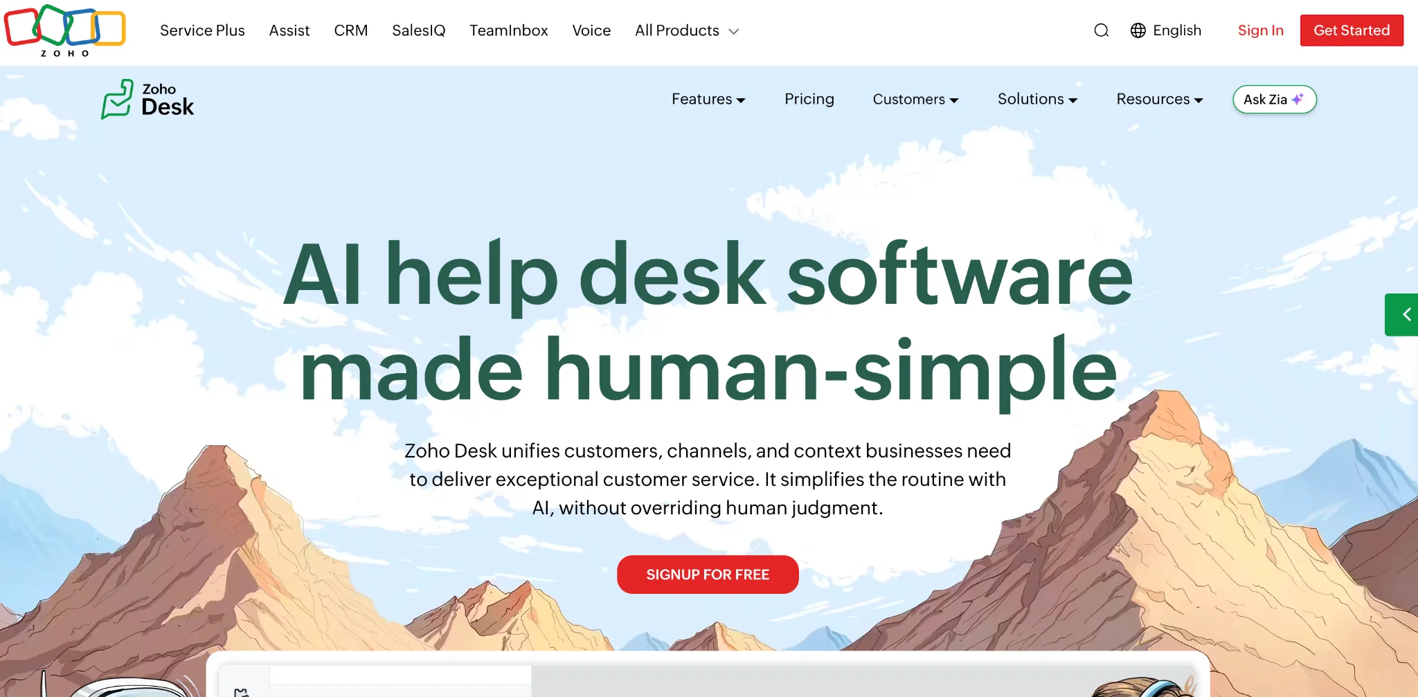 Screenshot of Zoho Desk's homepage