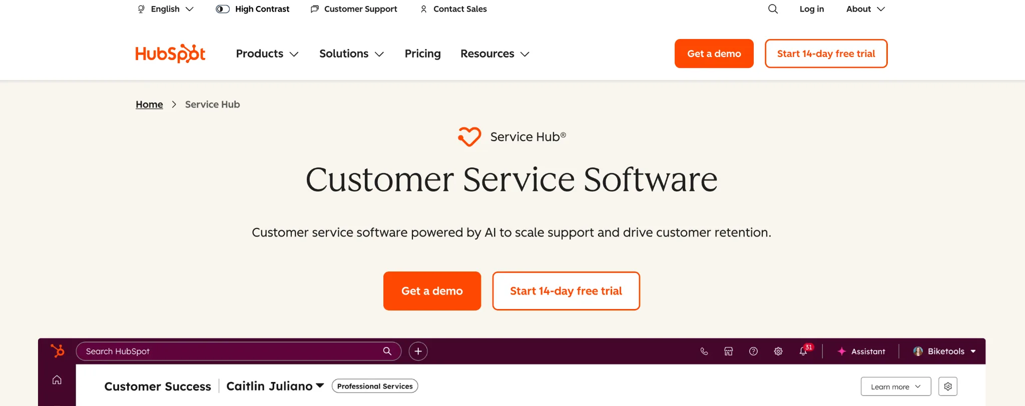 Screenshot of HubSpot Service Hub's homepage