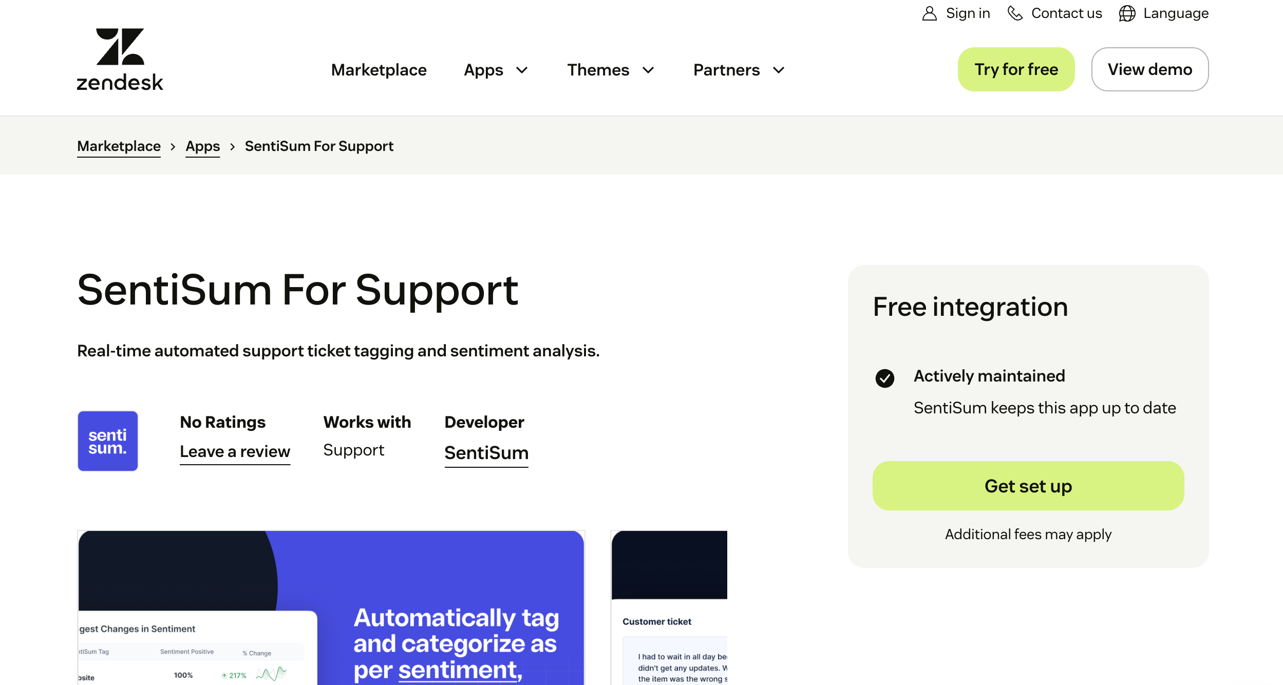 SentiSum For Support marketplace listing — real-time automated support ticket tagging and sentiment analysis