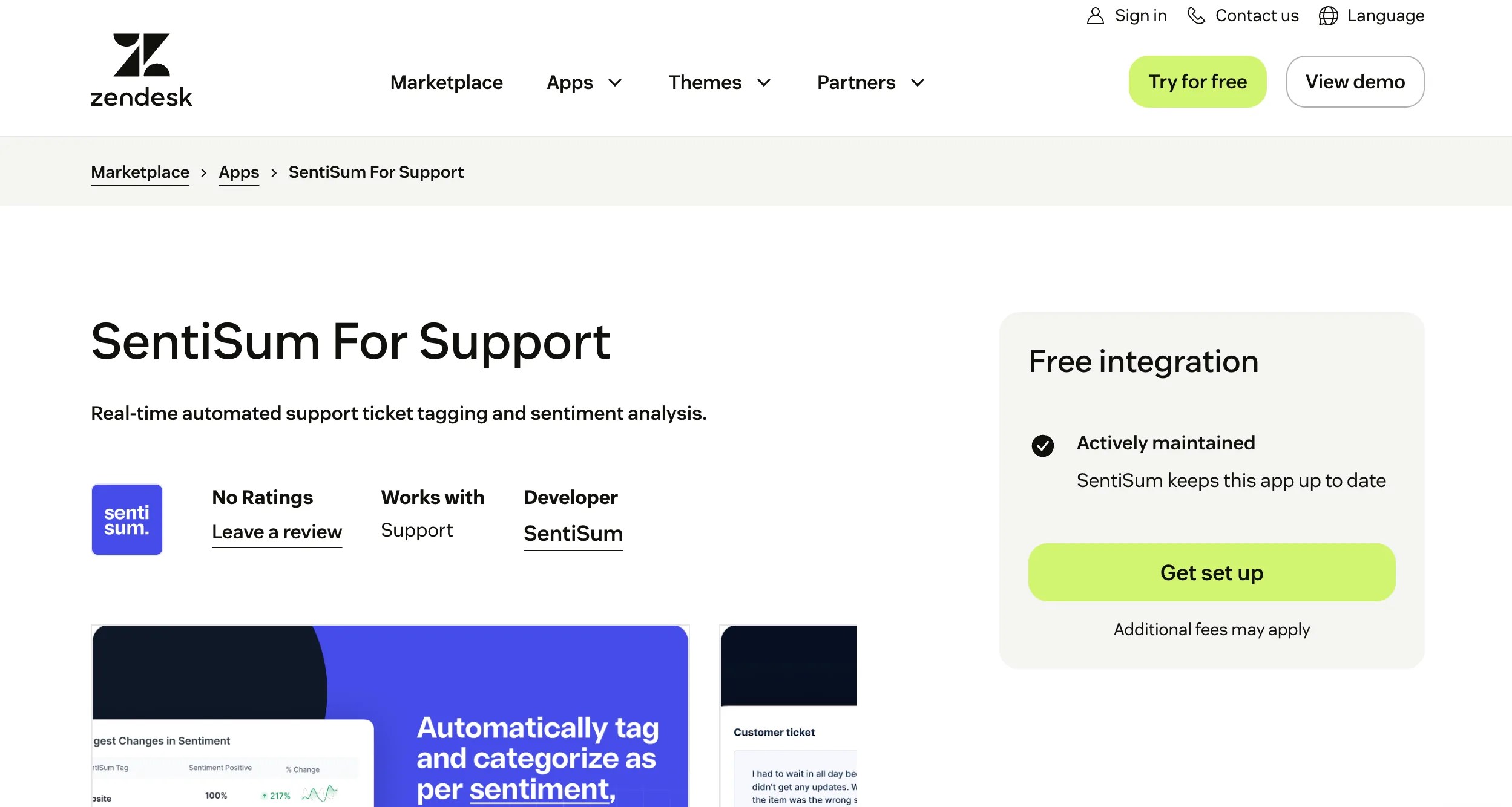 SentiSum For Support marketplace listing — real-time automated support ticket tagging and sentiment analysis