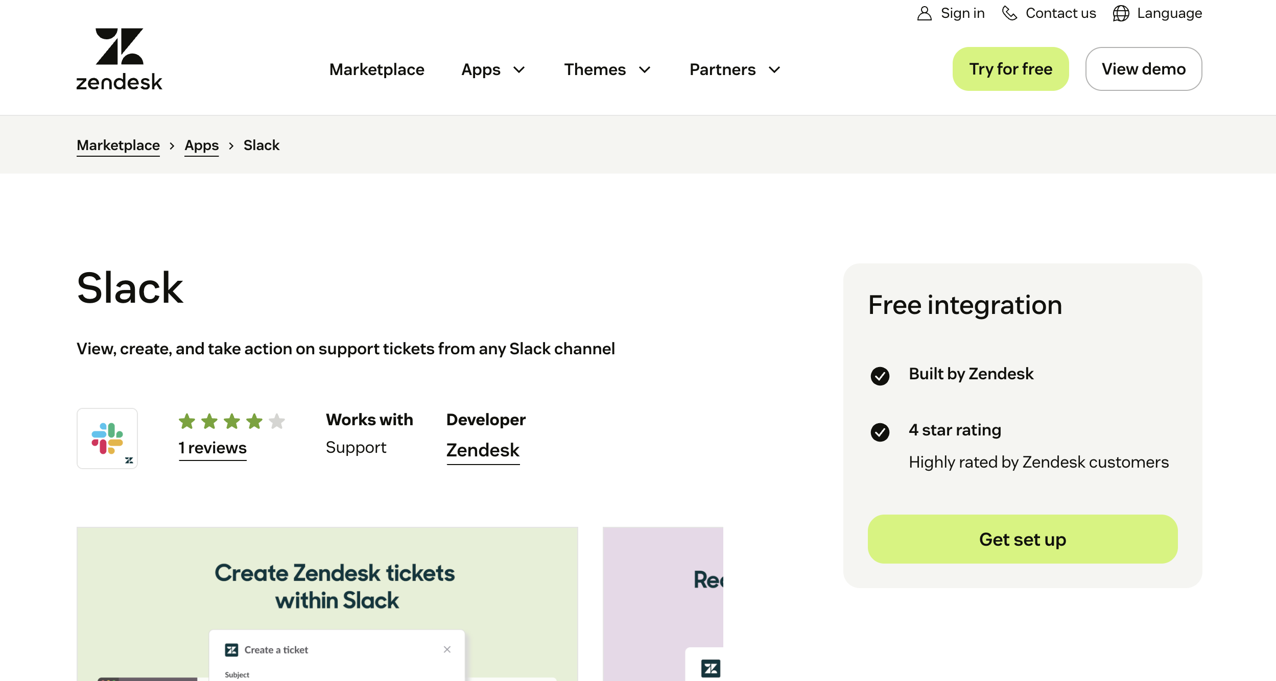 Slack for Zendesk marketplace listing — view, create, and take action on support tickets from any Slack channel
