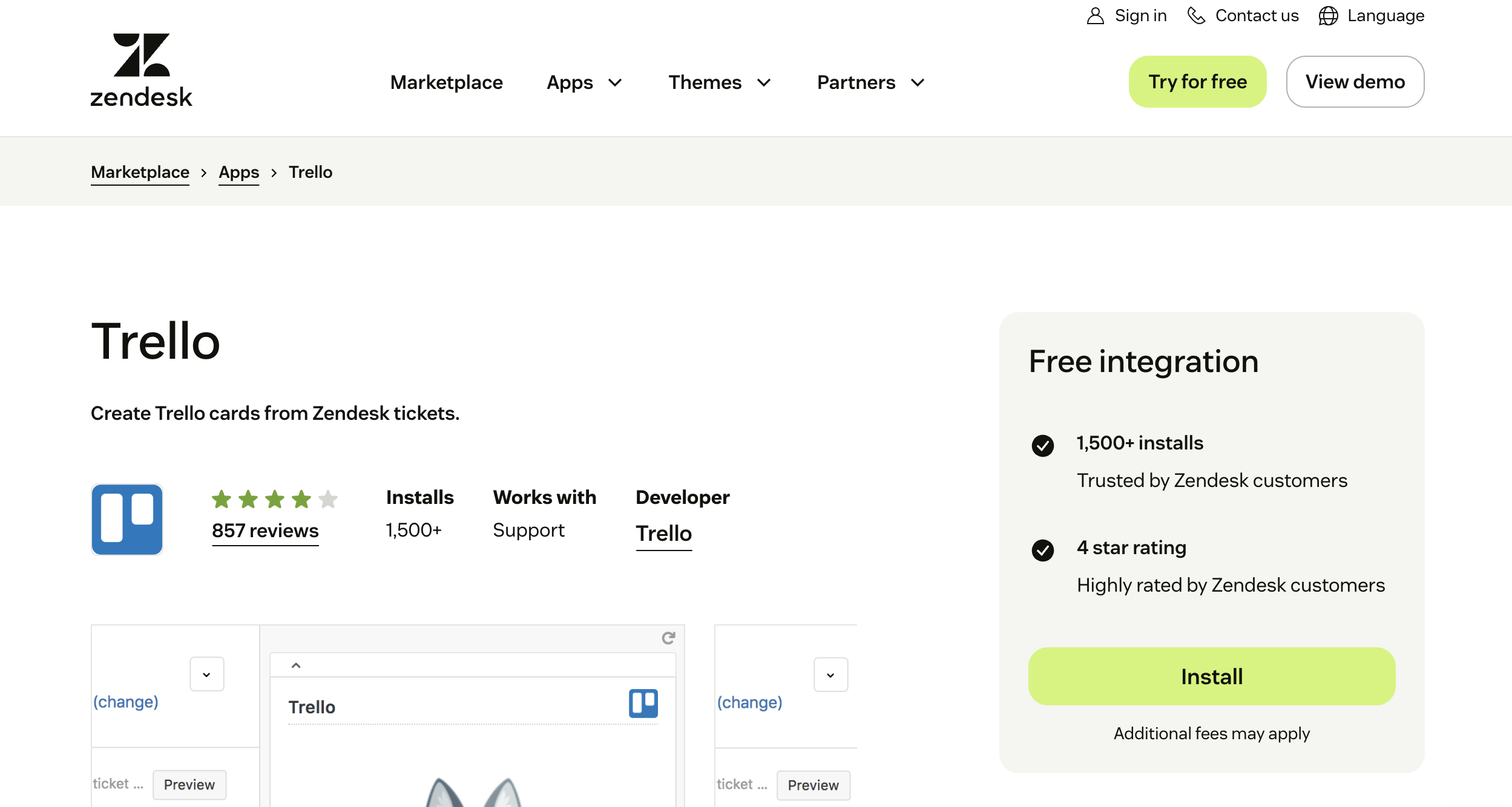 Trello for Zendesk marketplace listing — create Trello cards from Zendesk tickets