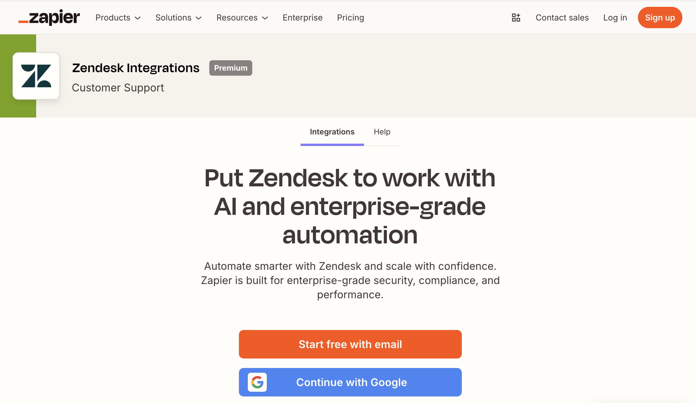 Zapier Zendesk Integrations marketplace page — put Zendesk to work with AI and enterprise-grade automation