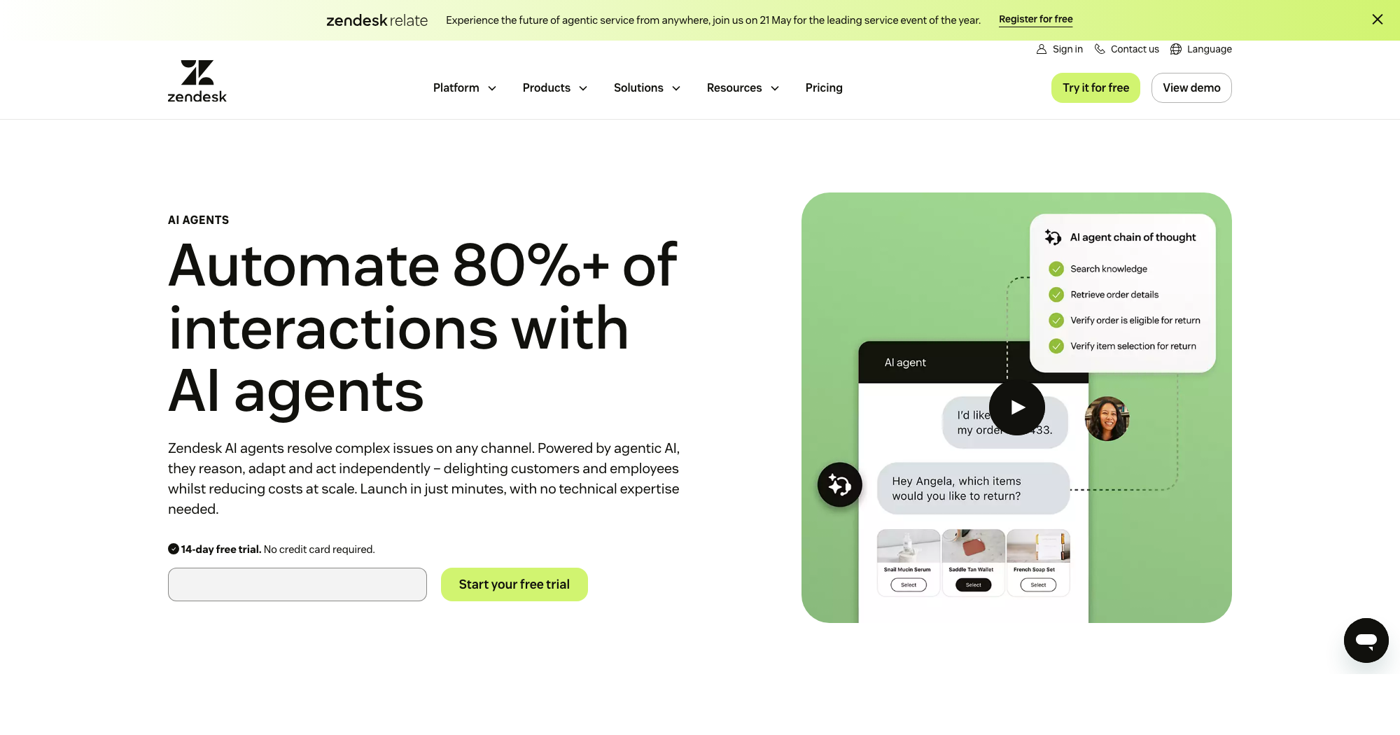 Zendesk AI Agents homepage — automate 80%+ of interactions with AI agents