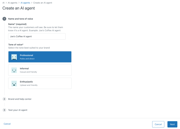 Zendesk admin screen for creating a new AI agent