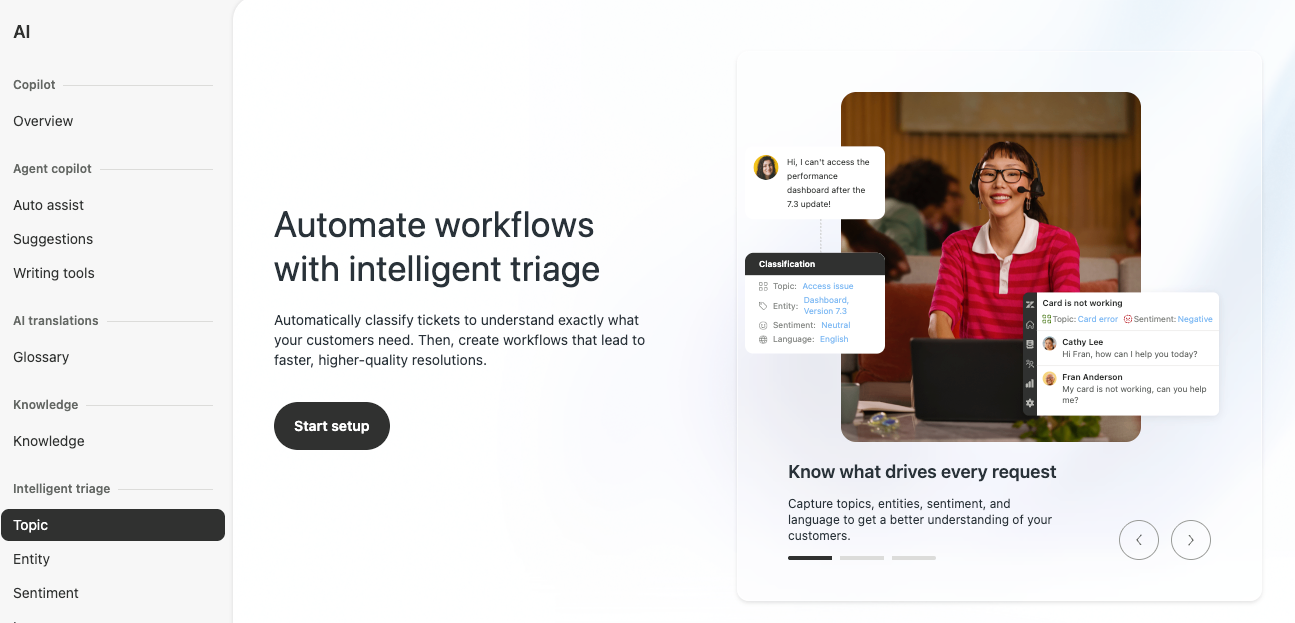 Zendesk intelligent triage setup screen showing topic, entity, and sentiment classification