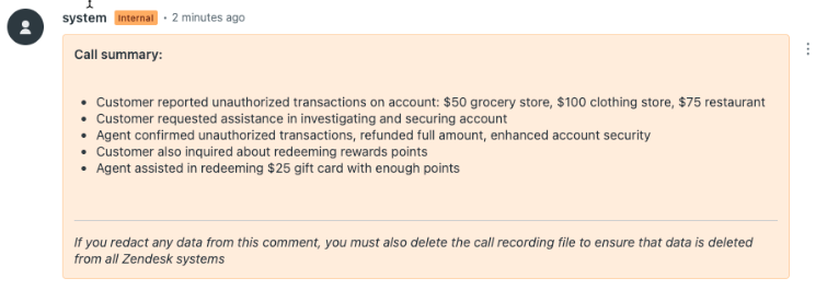 Zendesk voice AI call summary example inside Zendesk Talk