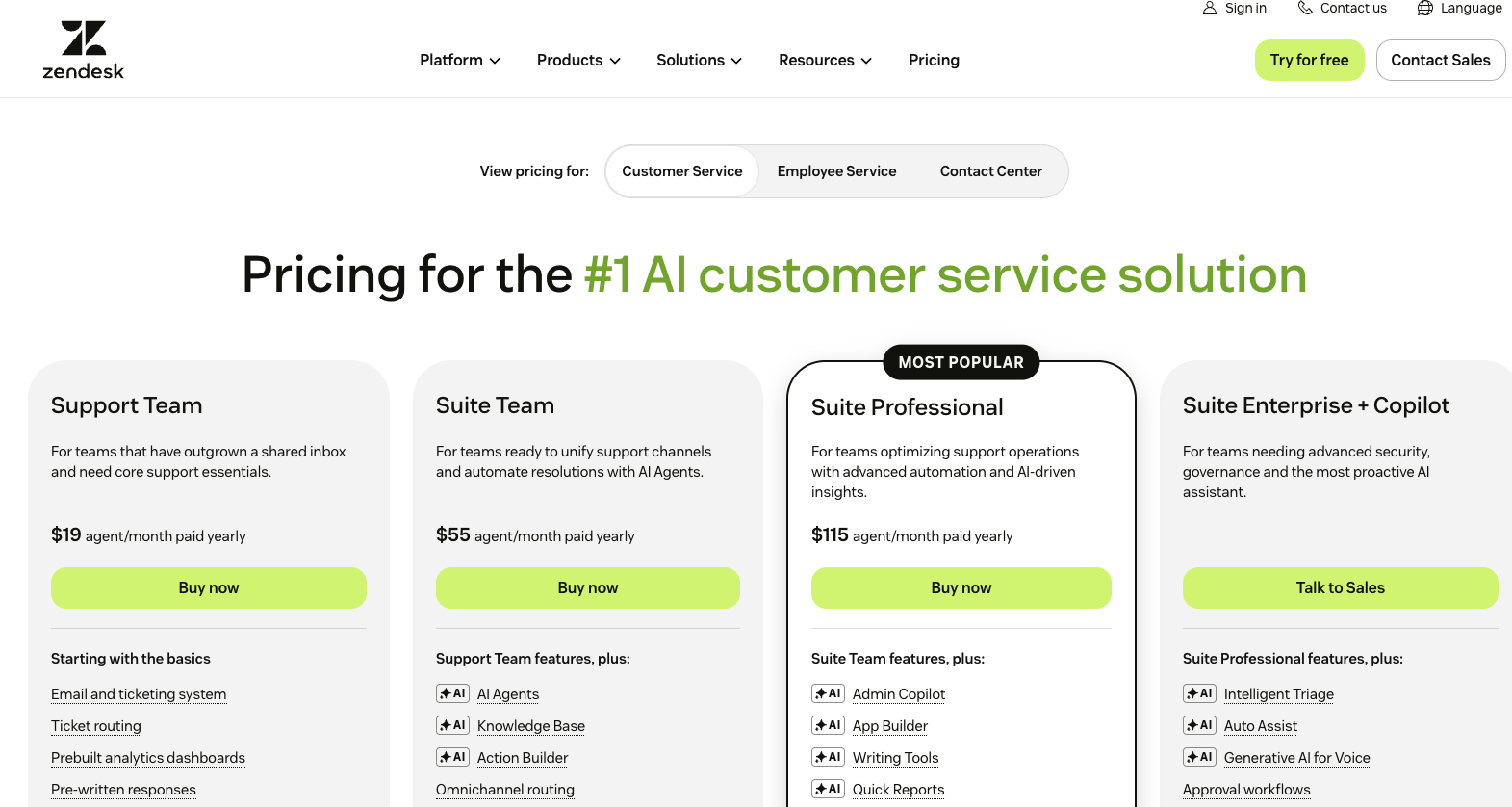 Zendesk pricing page showing the suite plans and AI add-on costs
