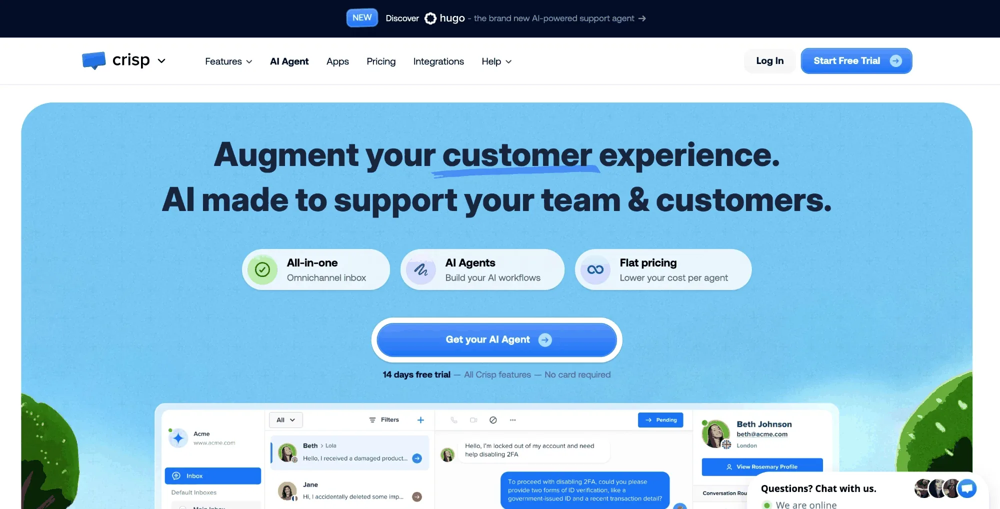 Crisp homepage — "Augment your customer experience. AI made to support your team & customers." — highlighting an all-in-one inbox, AI Agents, and flat pricing above a shared-inbox demo.