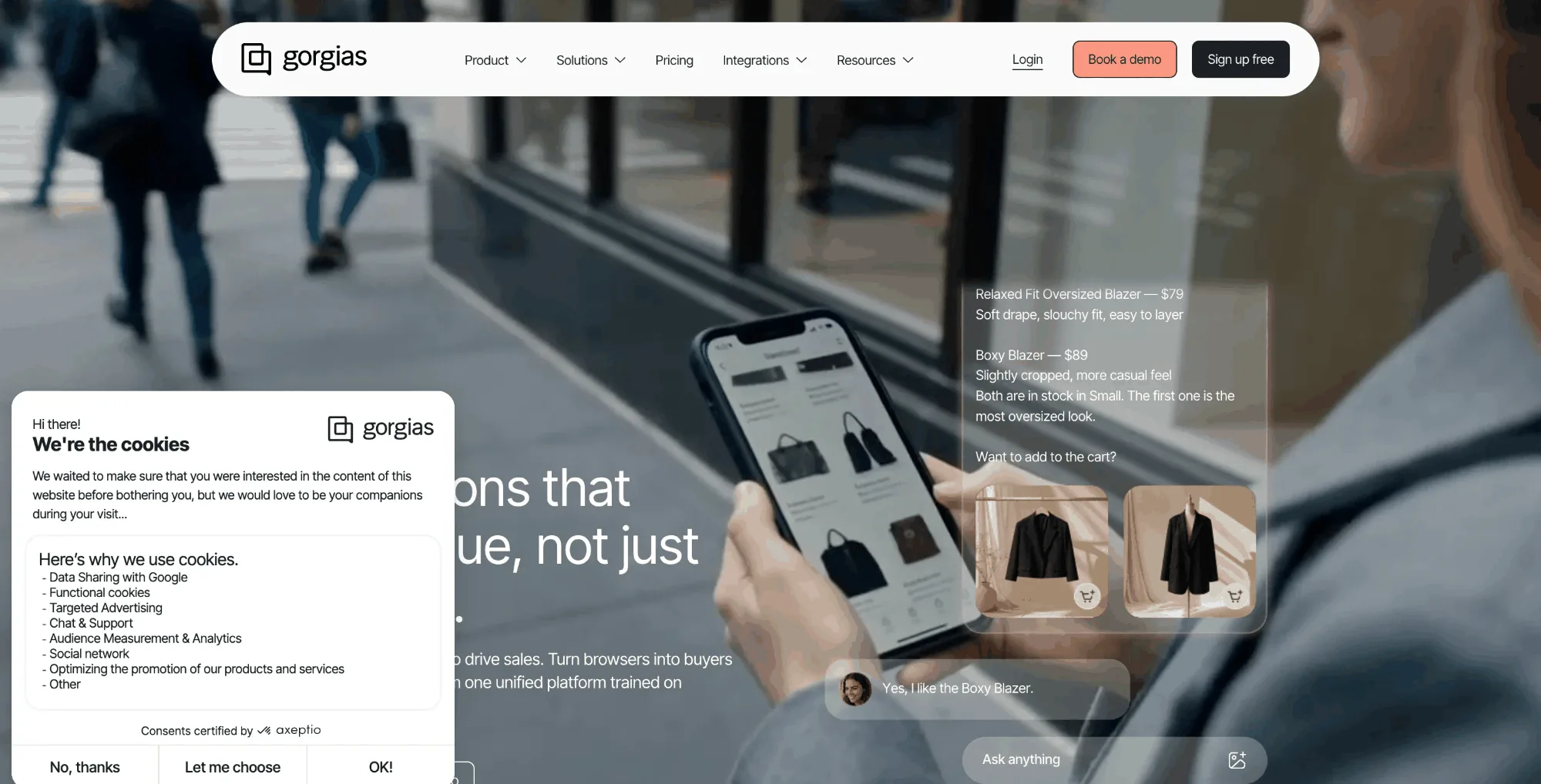 Gorgias homepage showing its e-commerce AI agent recommending in-stock blazers with prices inside a storefront chat conversation.