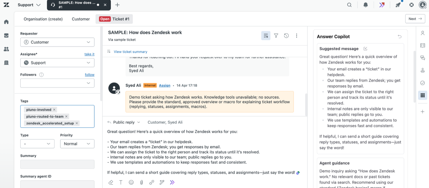 Pluno's AI Copilot inside a Zendesk ticket: a side panel shows a suggested reply drafted from help-center and past-ticket context next to the live customer conversation, ready for the agent to edit and send.