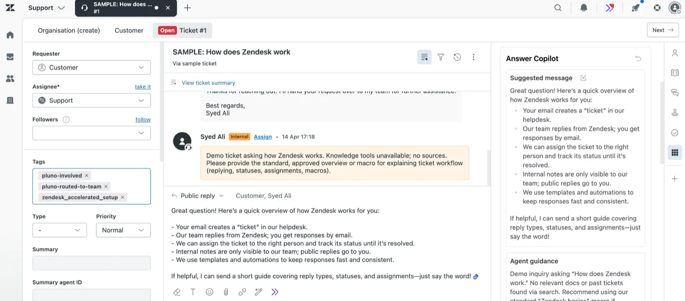 Pluno's AI Copilot inside a Zendesk ticket: a side panel shows a suggested reply drafted from help-center and past-ticket context next to the live customer conversation, ready for the agent to edit and send.