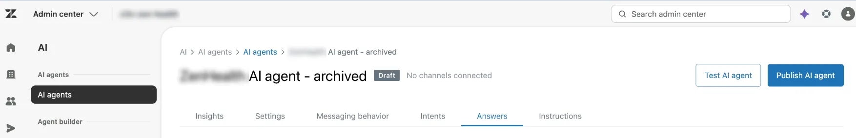 Zendesk admin screen showing how to tell whether an AI agent still runs on the legacy bot builder