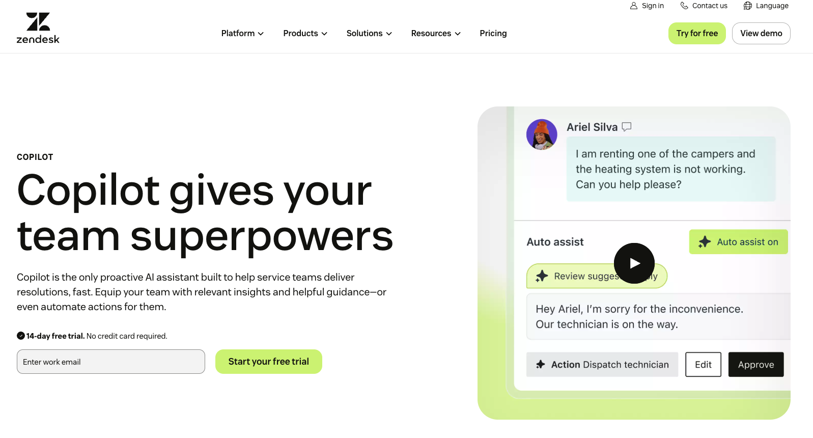 Zendesk AI Copilot landing page