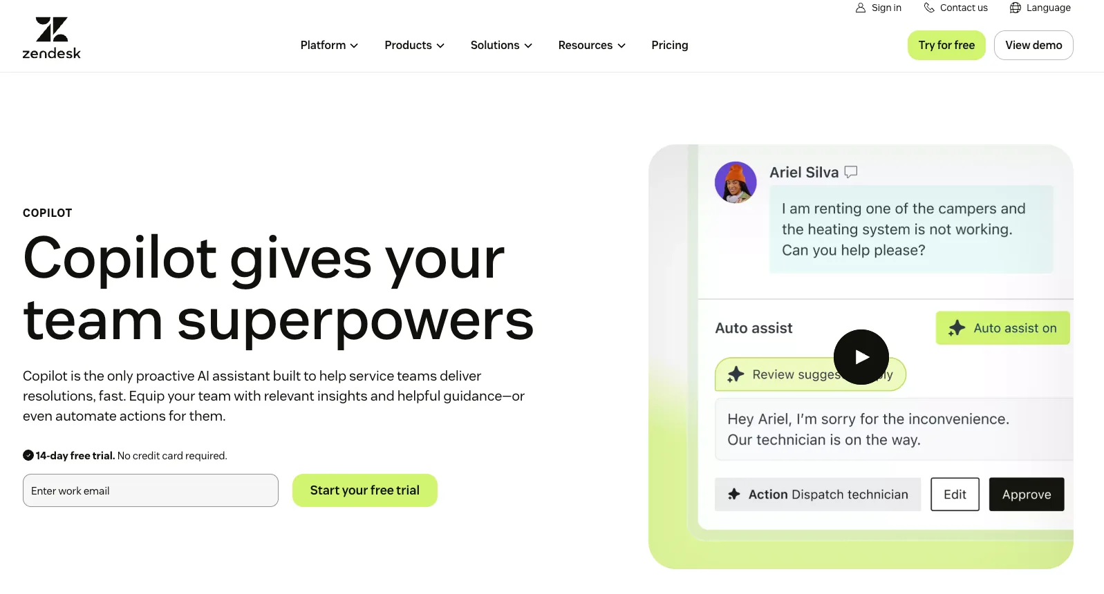 Zendesk AI Copilot landing page