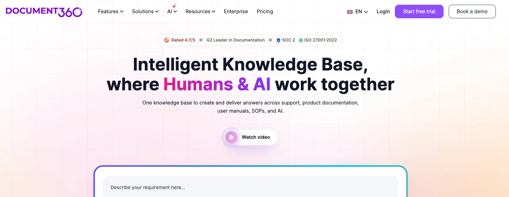 Screenshot of Document360's homepage