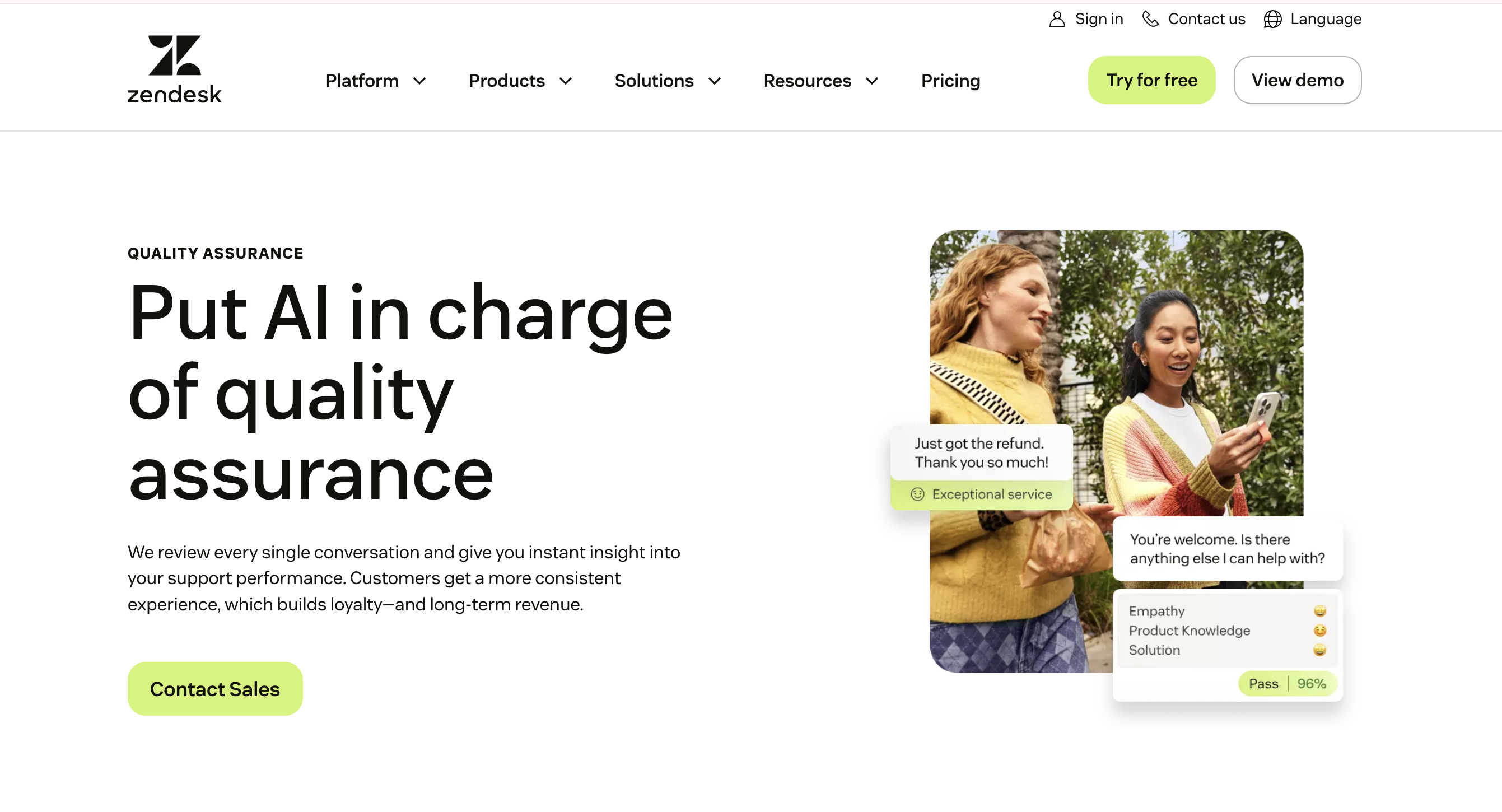 Zendesk QA marketing page — put AI in charge of quality assurance