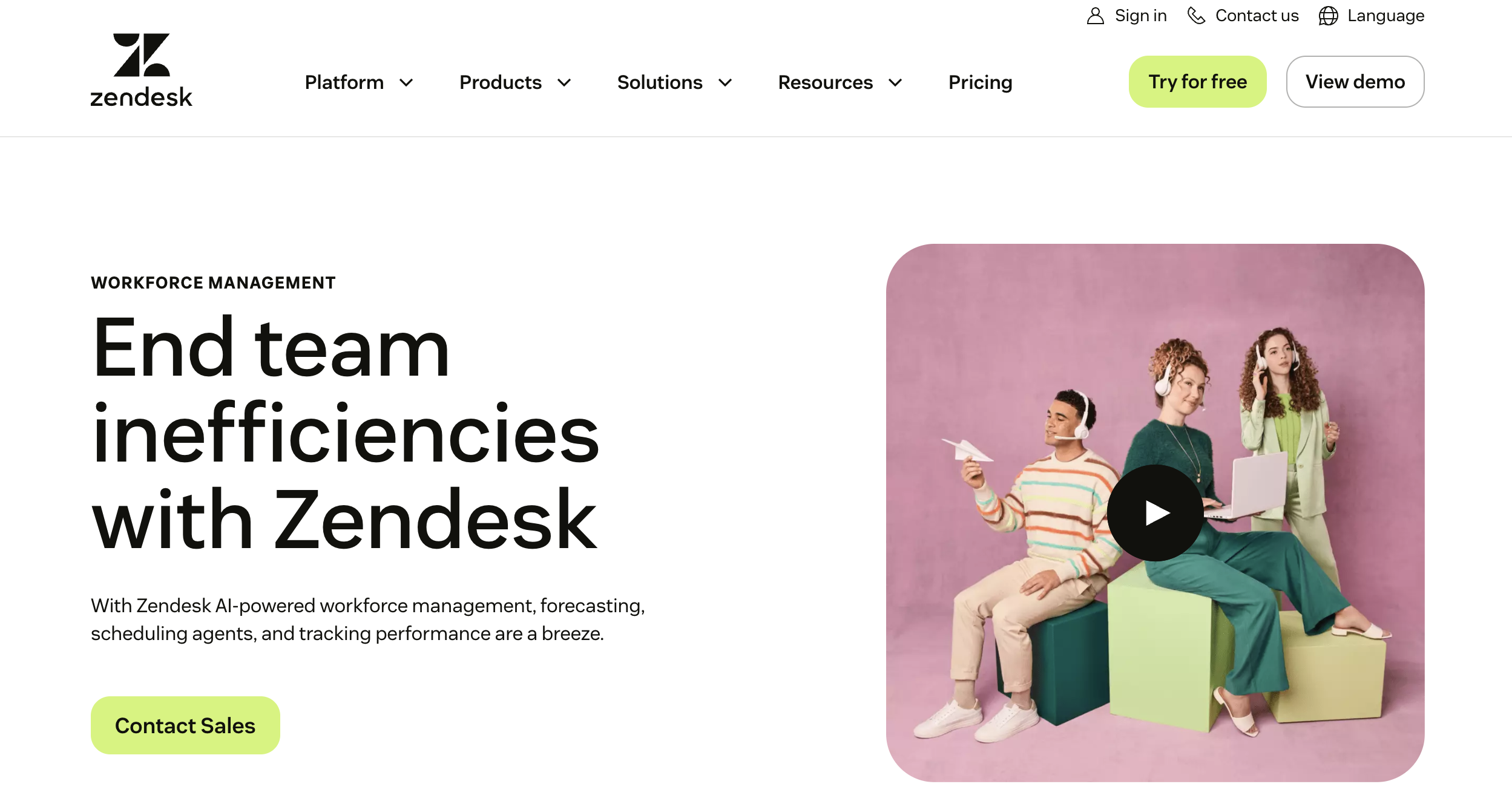 Zendesk Workforce Management marketing page — end team inefficiencies with AI-powered WFM